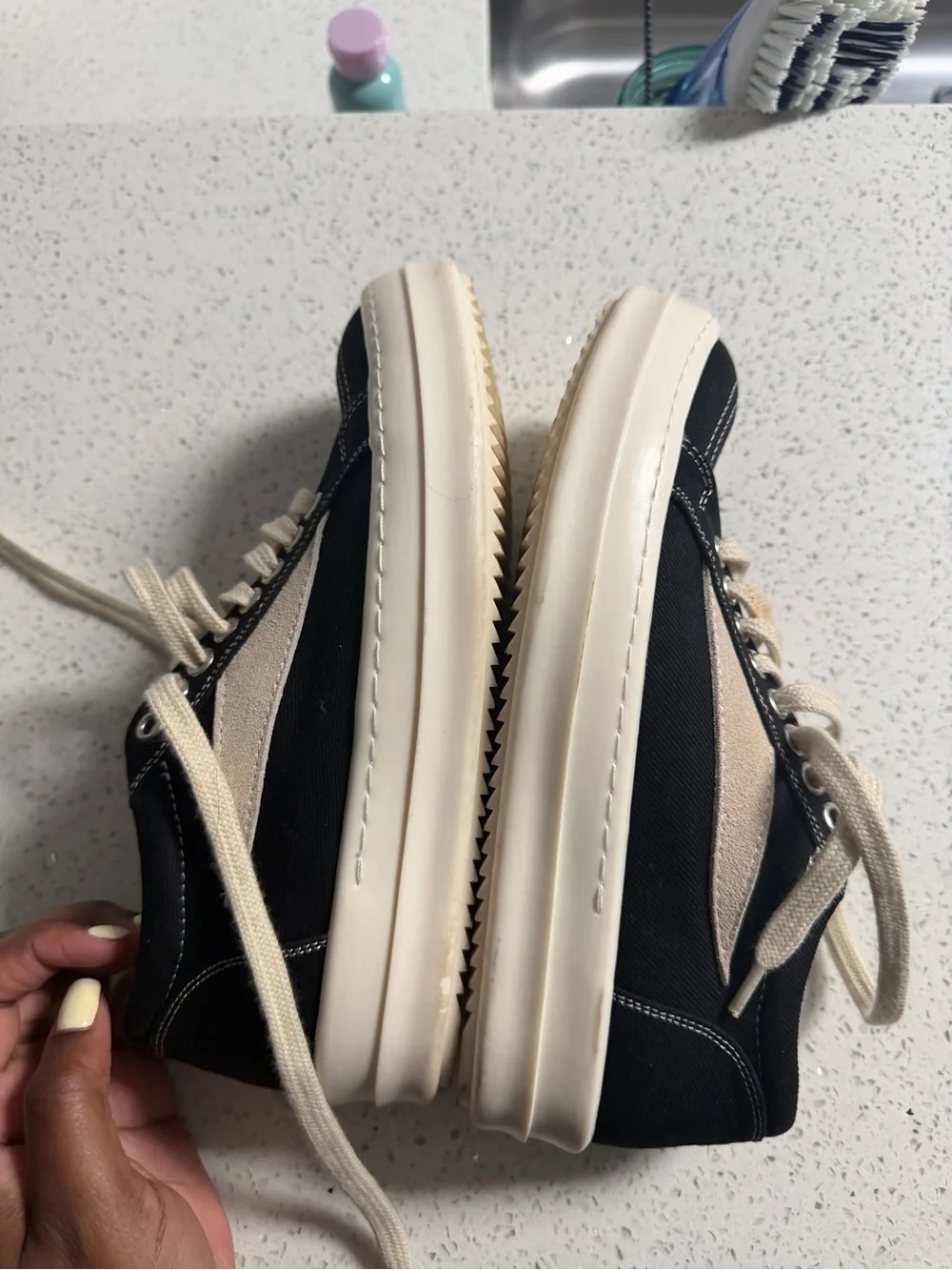 Rick Owens Black Canvas Sneakers with Cream Laces